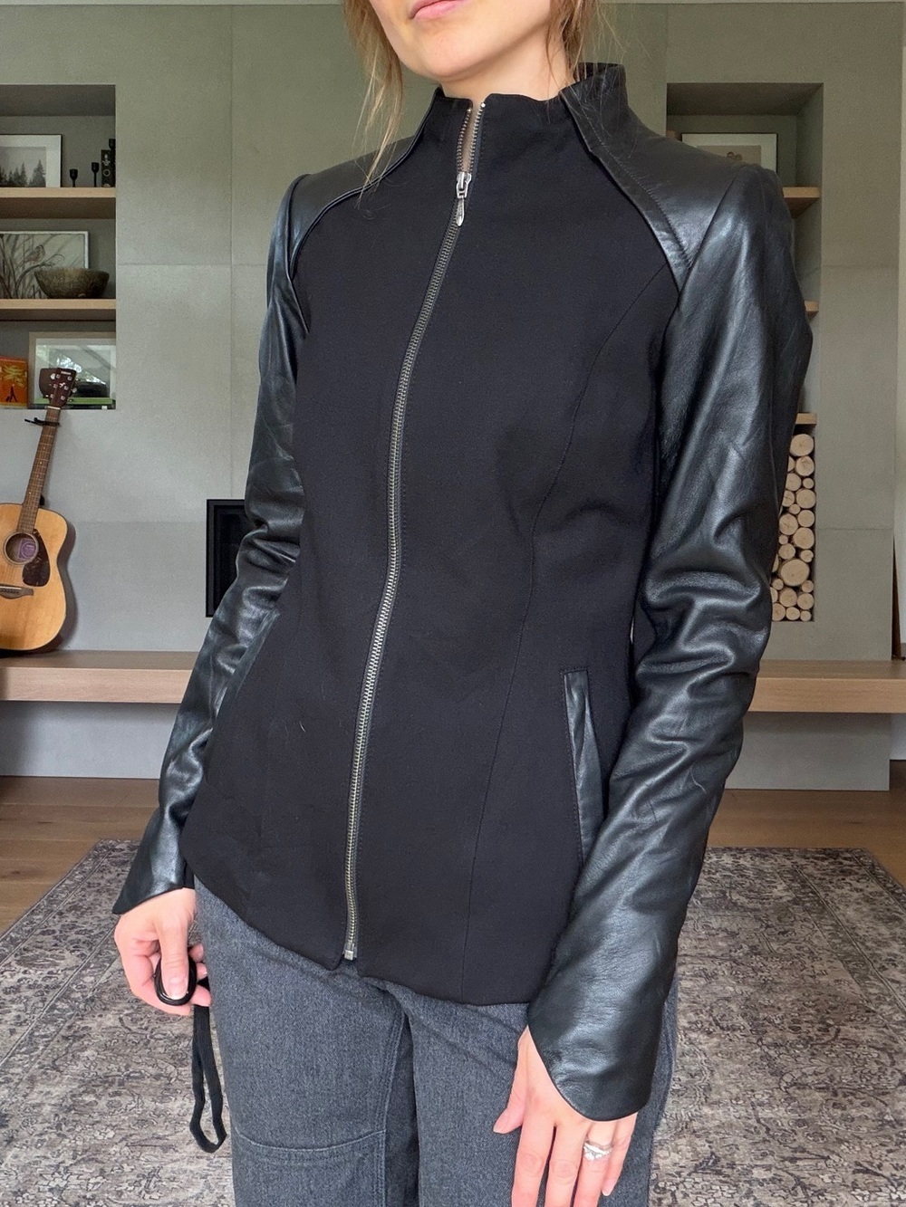 Danier Black Zip-Up Jacket with Leather Sleeves